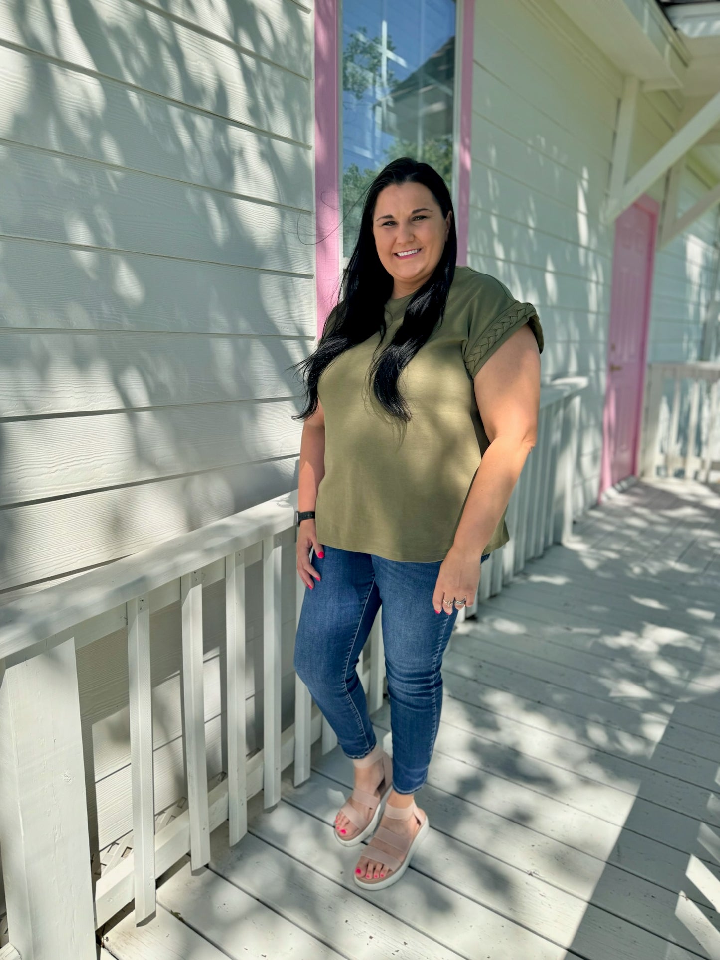 Olive Braided Sleeve Top