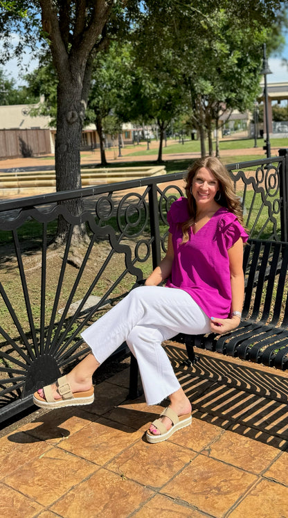 Purple Flutter Sleeve Crinkle Top