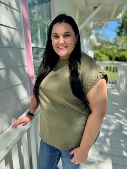 Olive Braided Sleeve Top