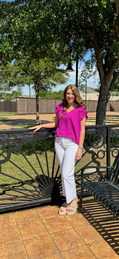 Purple Flutter Sleeve Crinkle Top