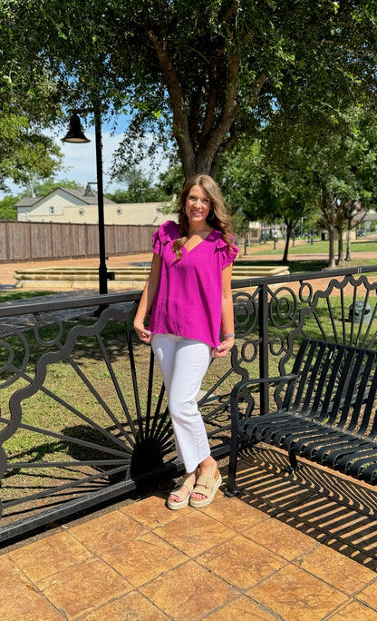 Purple Flutter Sleeve Crinkle Top