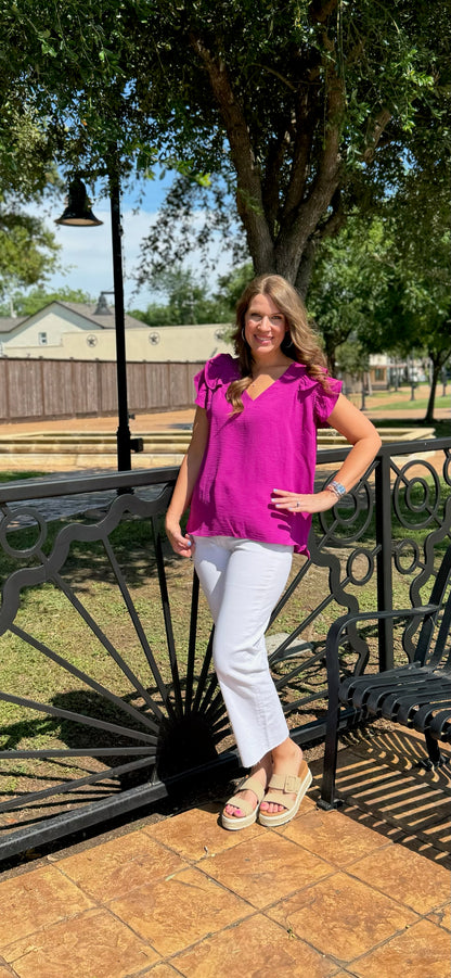 Purple Flutter Sleeve Crinkle Top