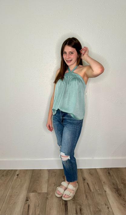 Mint Satin Halter Swing Top