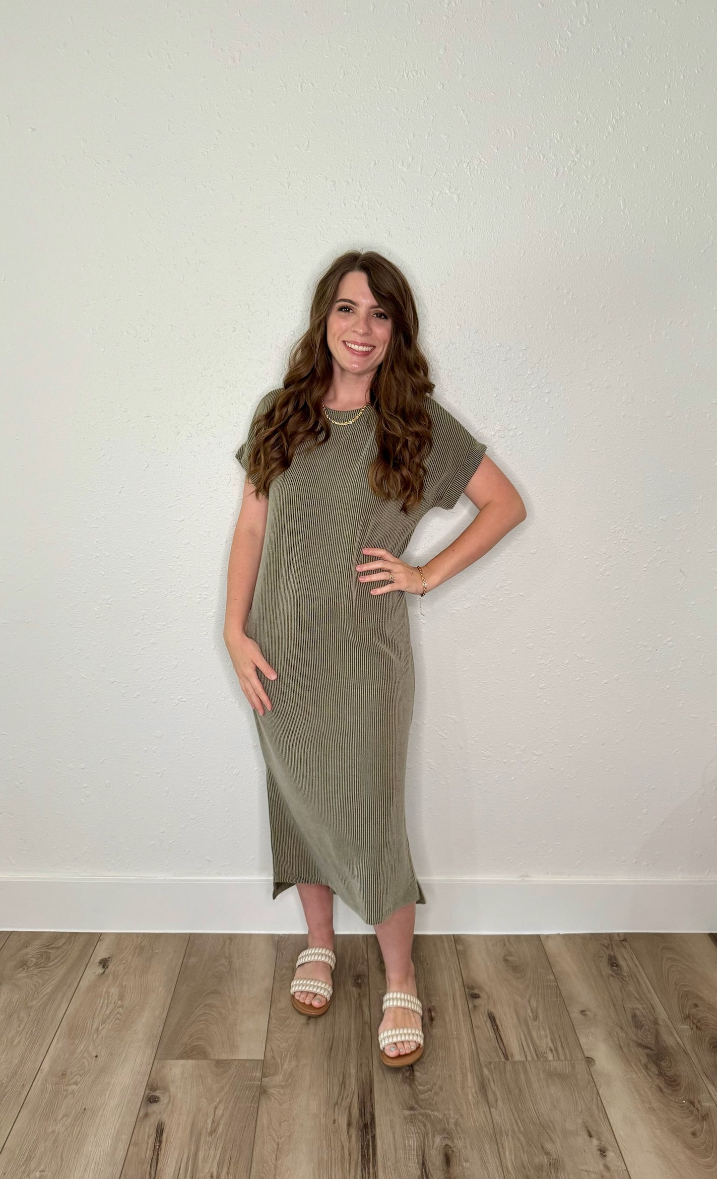 Olive Ribbed Midi Dress