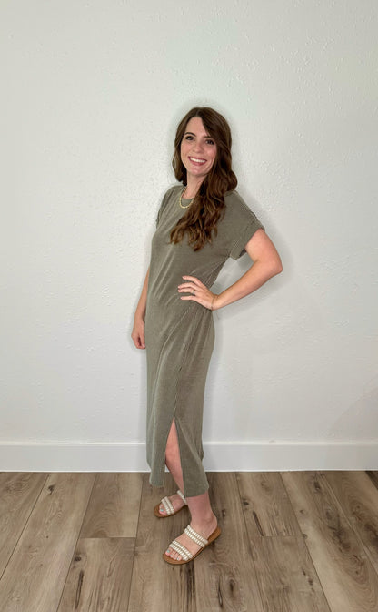 Olive Ribbed Midi Dress