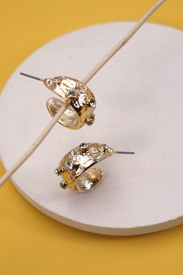 Hammered Rhinestone Mini Hoop Earrings