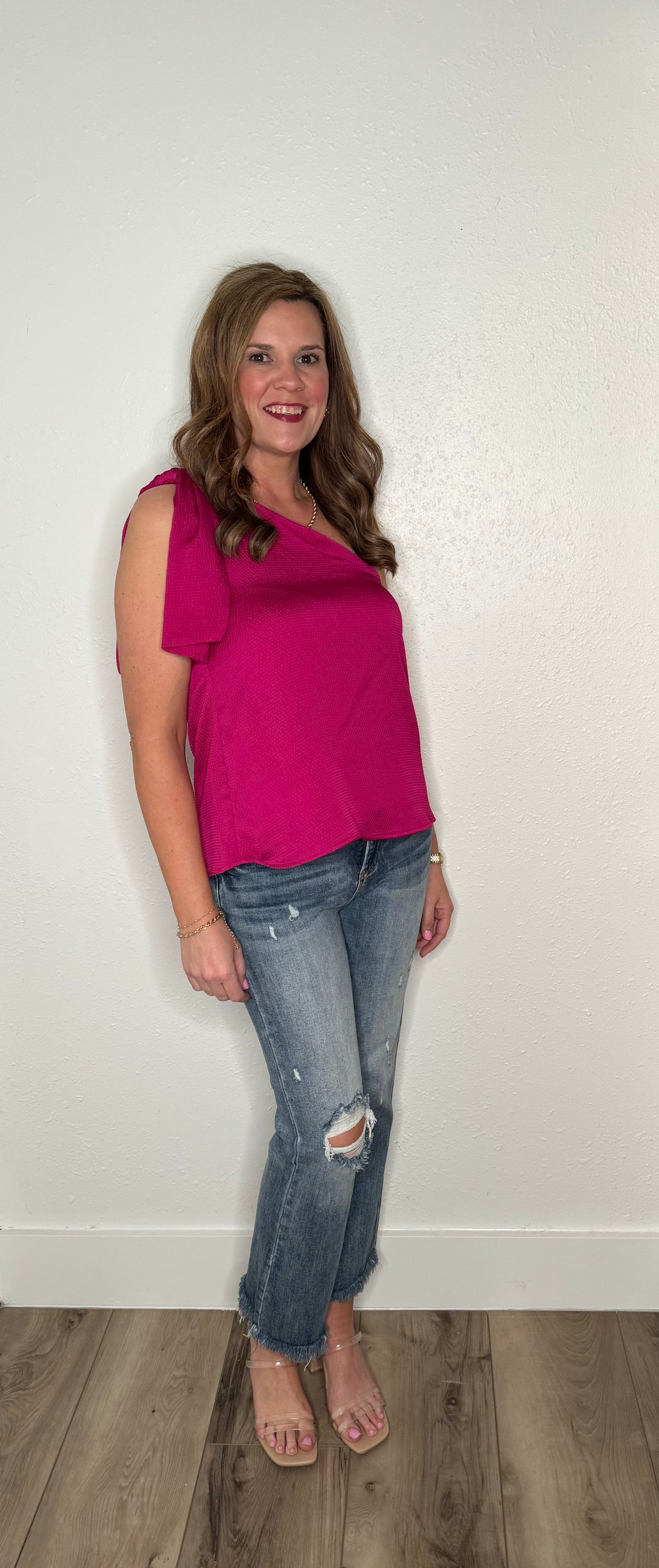 Fuchsia One Shoulder Tie Top