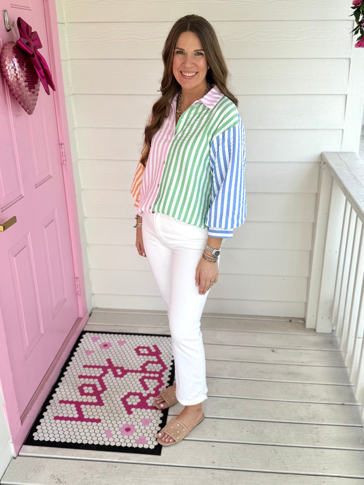 Color Block Button Down Top