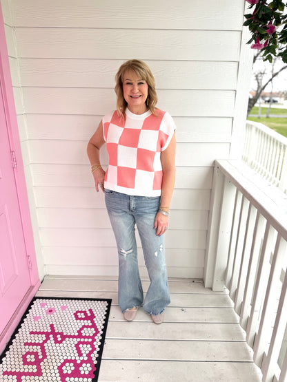 Salmon Checked Sweater Top