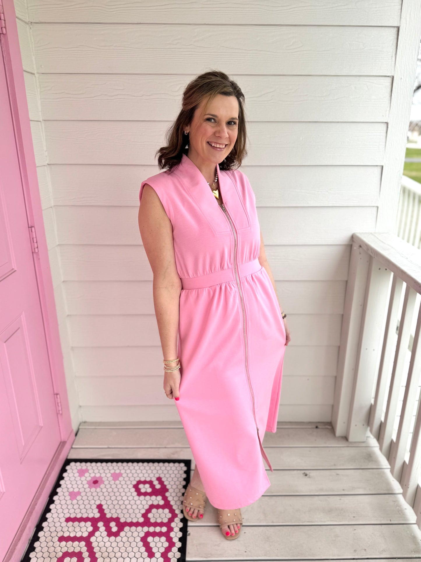 Pink Zip Front Midi Dress