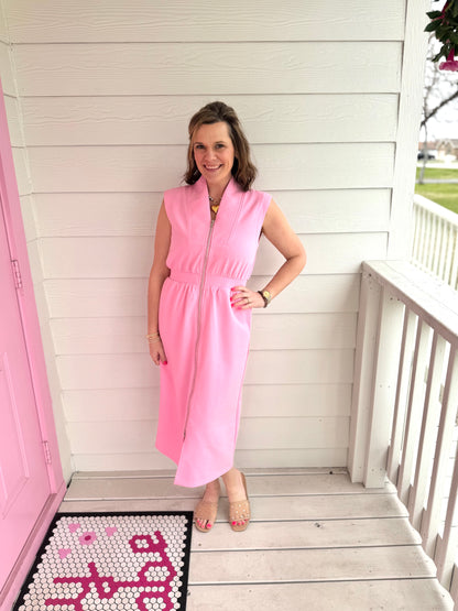 Pink Zip Front Midi Dress