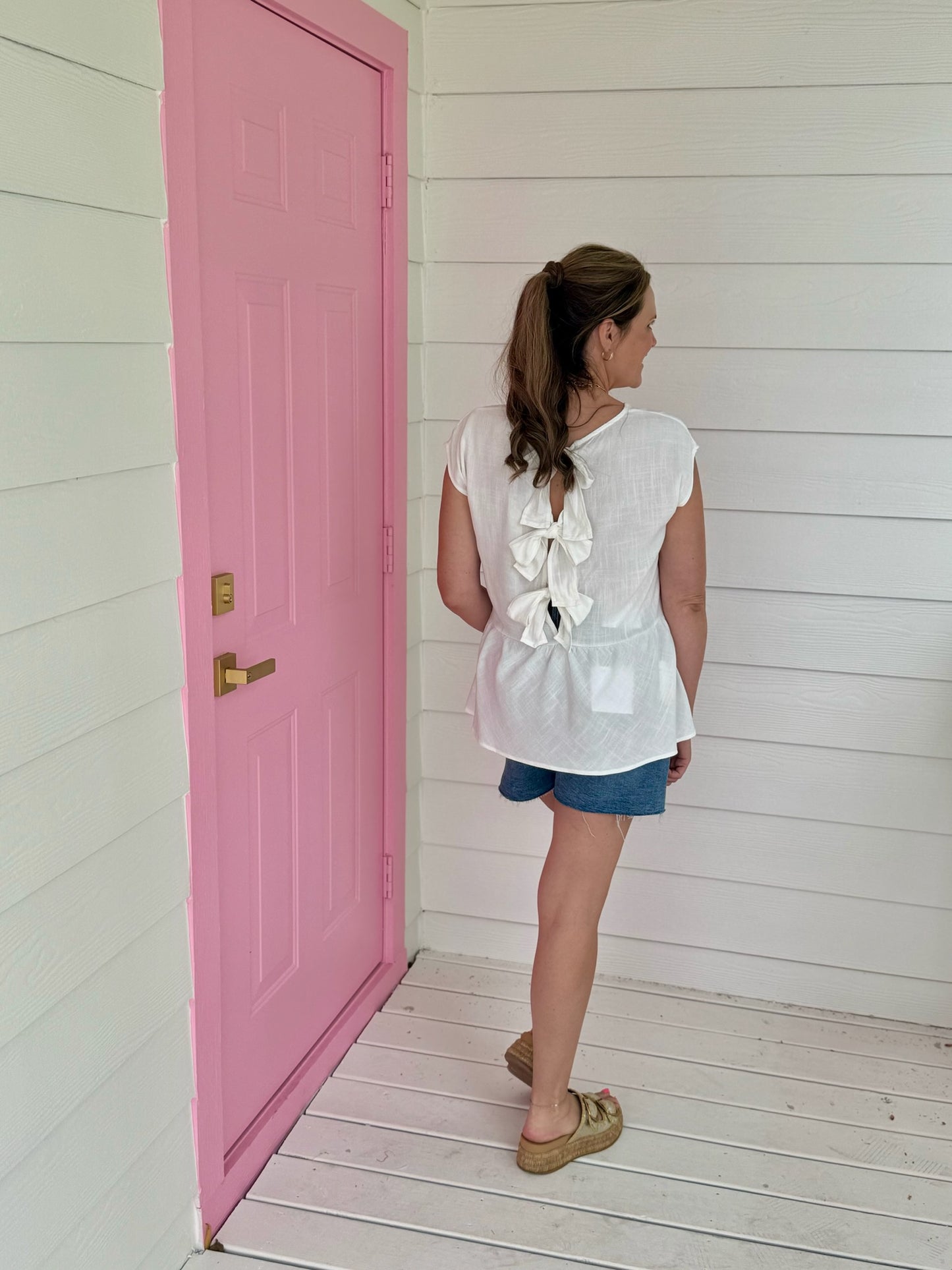 White Triple Bow Back Top