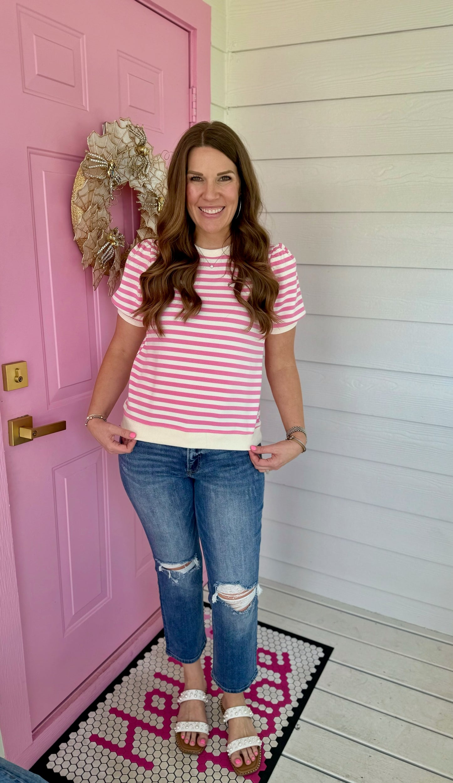 Pink Stripe Puff Sleeve Top