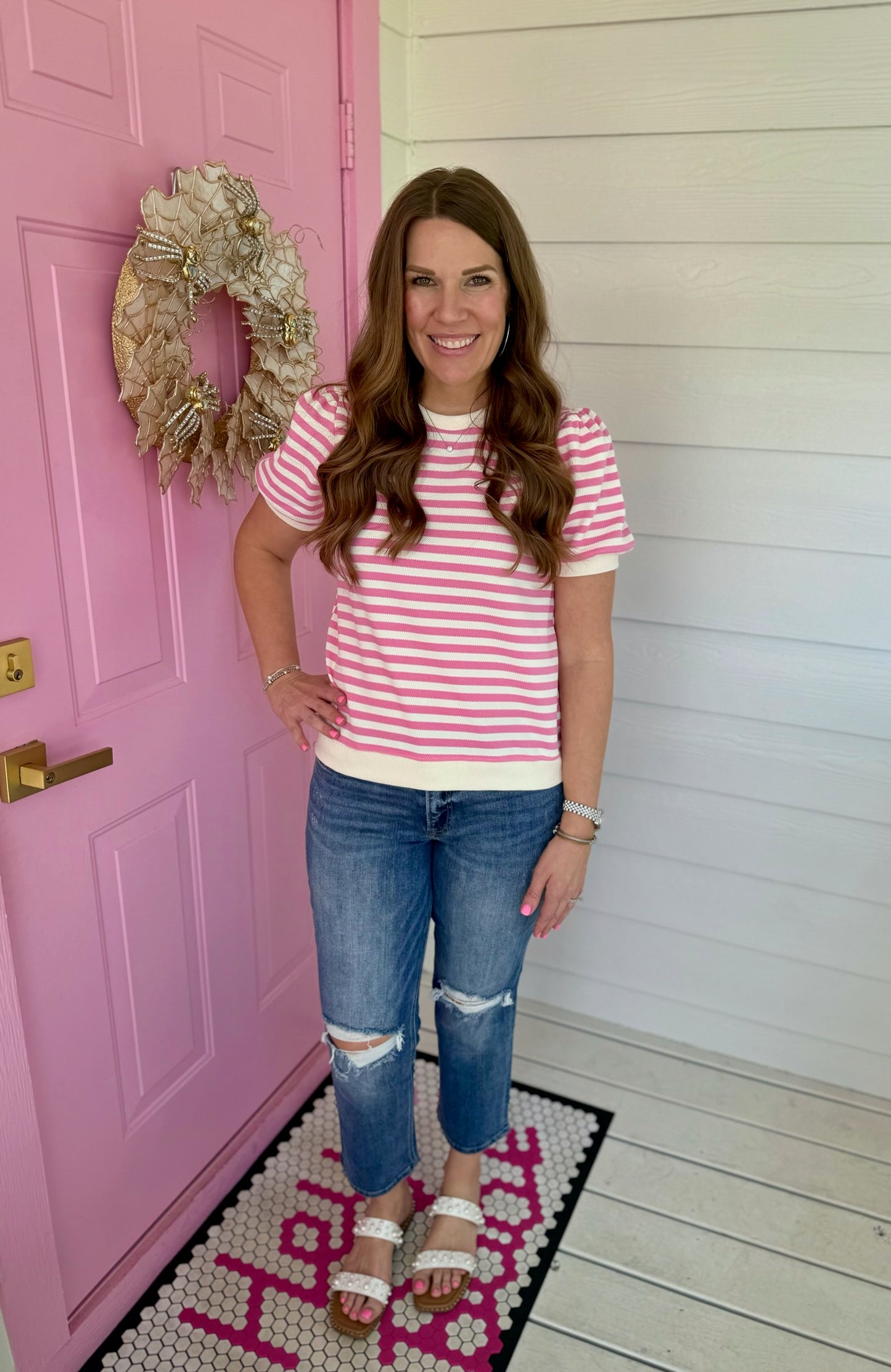 Pink Stripe Puff Sleeve Top