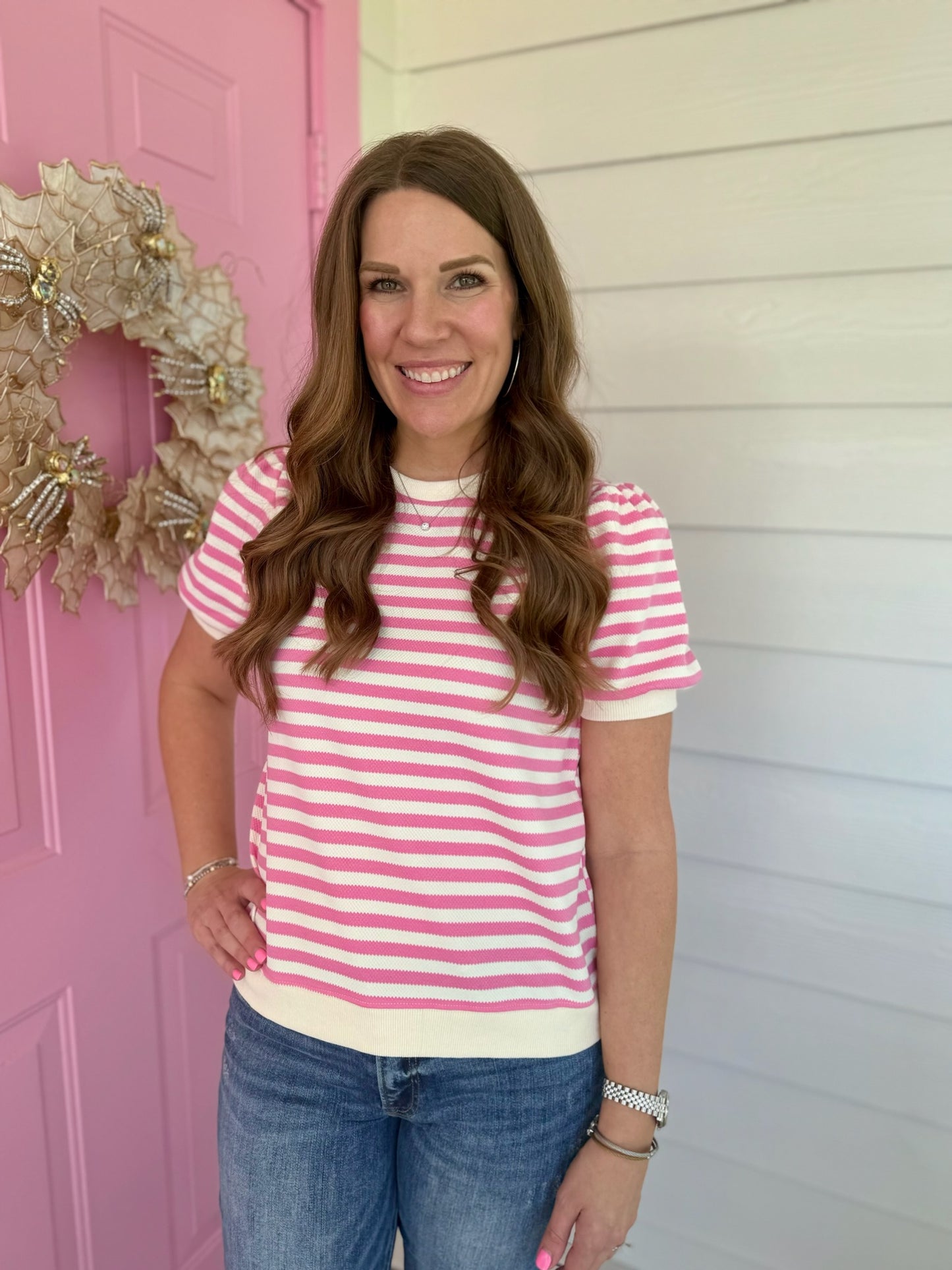 Pink Stripe Puff Sleeve Top