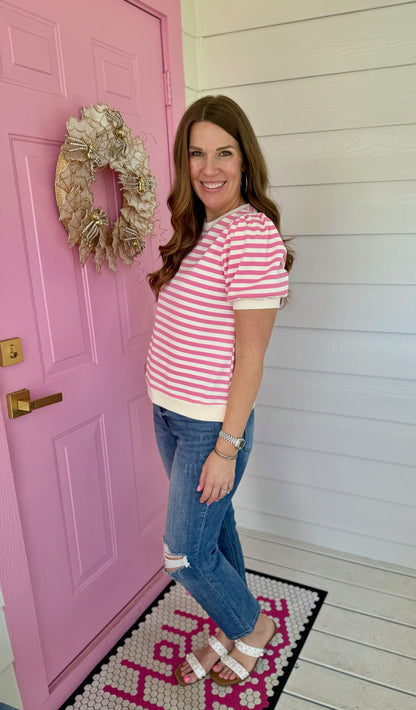 Pink Stripe Puff Sleeve Top