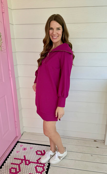 Magenta Collared Zip Dress